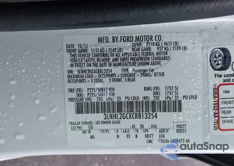 2012 Lincoln Mkz from USA, damaged, VIN 3LNHL2GCXCR813254